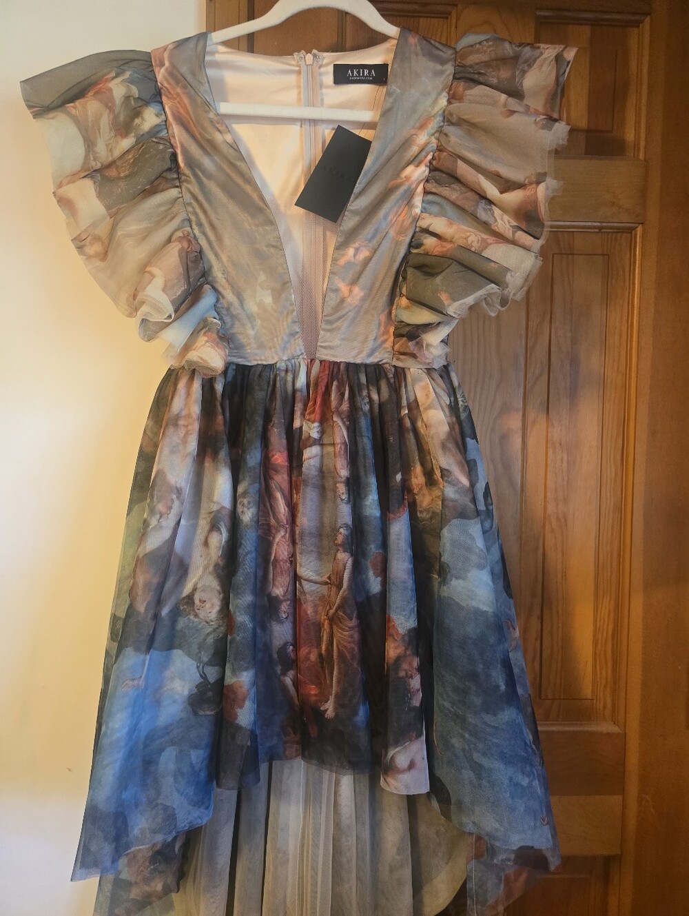 AKIRA Watercolor Ruffle V-Neck Party Dress in Blue and Peach New With Tags